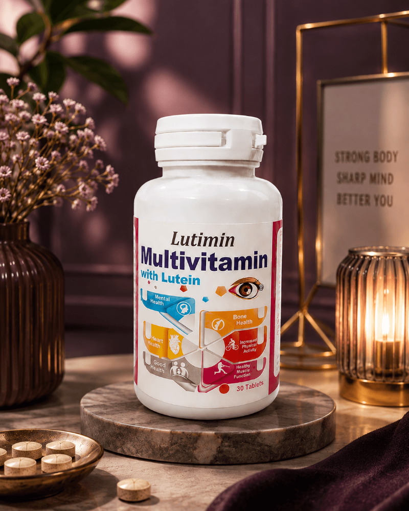 Lutimin Multivitamin with Lutein bottle and tablets for daily nutritional and wellness support