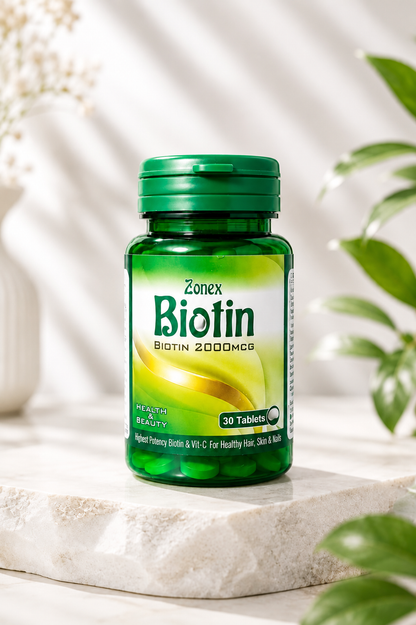 Zonex Biotin 2000mcg – Hair Growth, Skin Glow & Nail Strength Supplement | 30 Tablets
