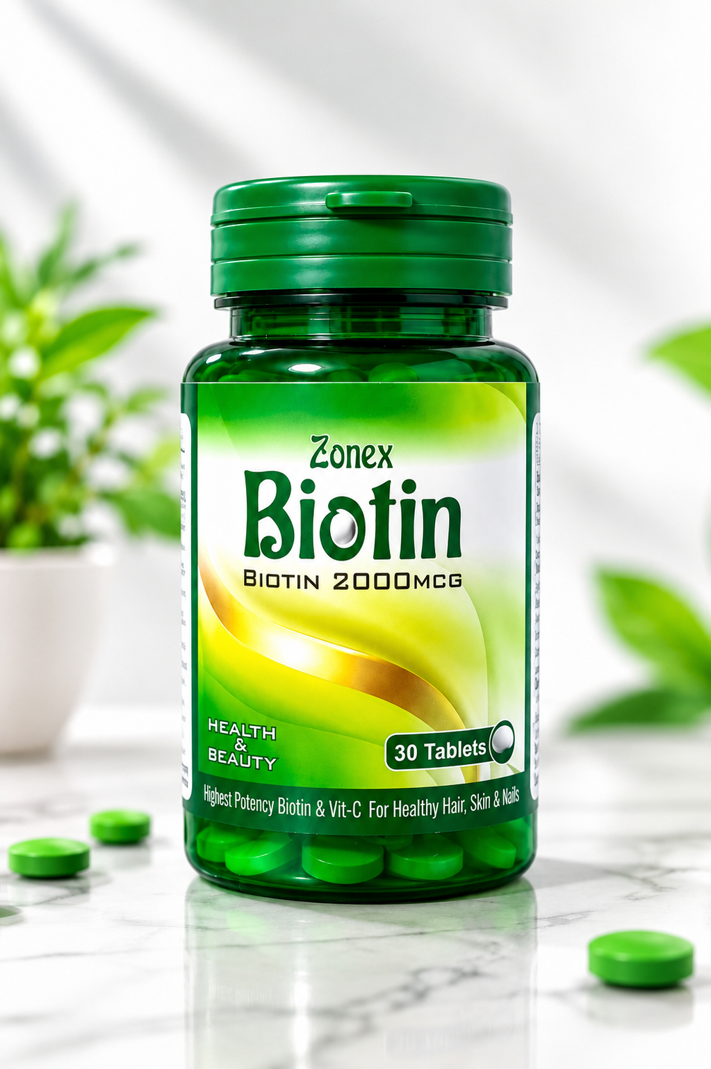Zonex Biotin 2000mcg – Hair Growth, Skin Glow & Nail Strength Supplement | 30 Tablets