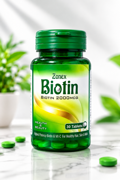 Zonex Biotin 2000mcg – Hair Growth, Skin Glow & Nail Strength Supplement | 30 Tablets