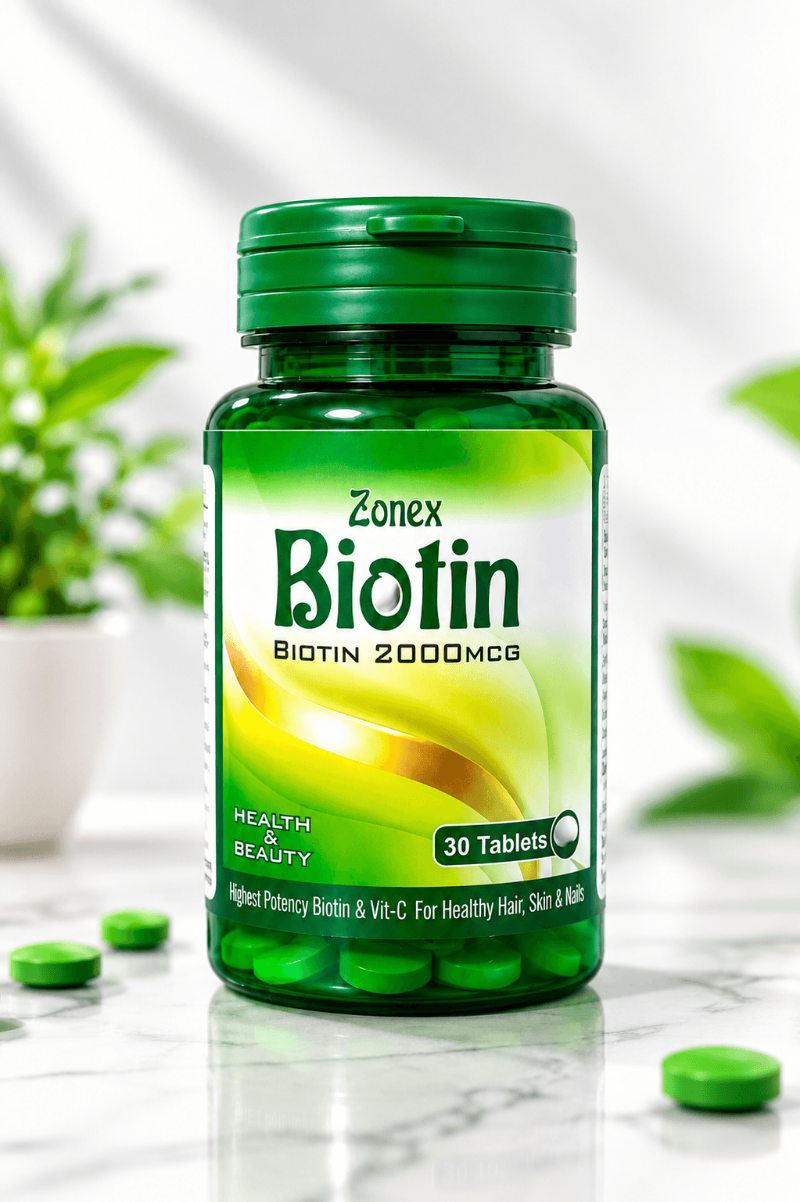 Zonex Biotin 2000mcg tablets bottle with green biotin tablets for hair, skin and nail care