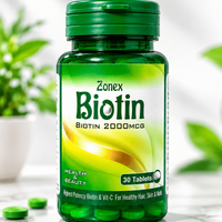 Zonex Biotin 2000mcg tablets bottle with green biotin tablets for hair, skin and nail care