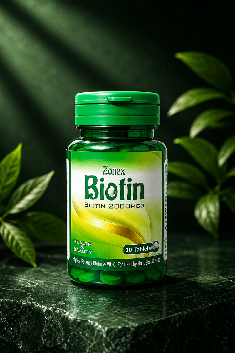 Zonex Biotin 2000mcg 30 tablets supplement bottle for hair, skin and nail care