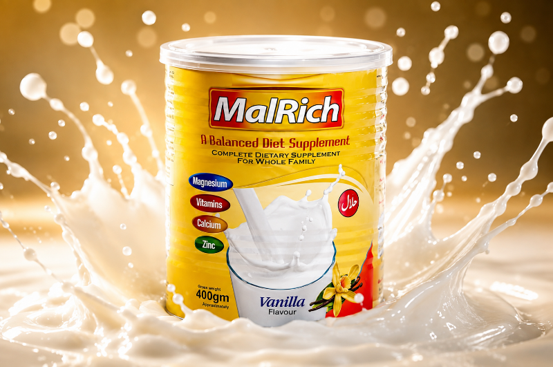 MalRich Vanilla 400g weight gain supplement with milk splash