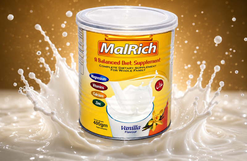 MalRich Vanilla 400g weight gain supplement with milk splash