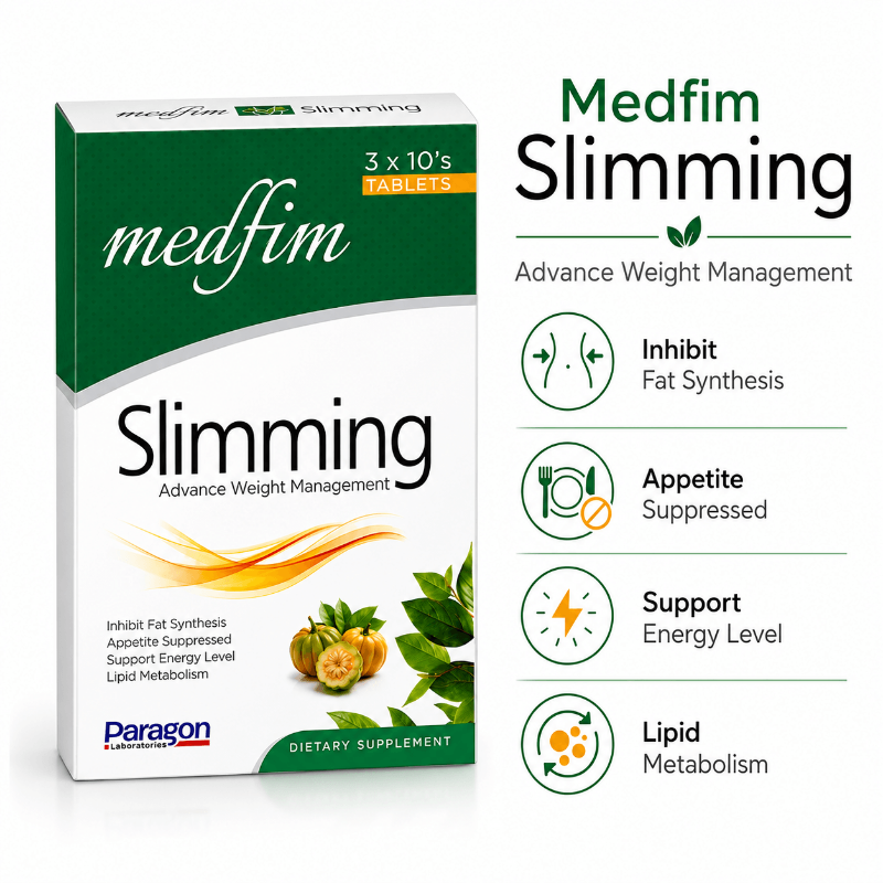 Medfim Slimming Tablets box with product information for weight management and daily wellness