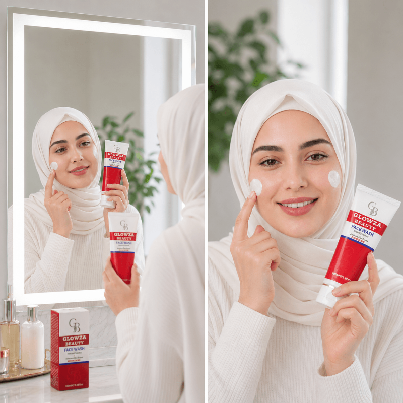 Glowza Beauty Face Wash applied to face for fresh, clean and glowing-looking skin