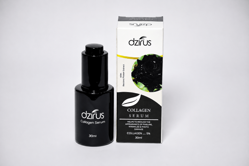 Dzirus Collagen Serum bottle and box for fine lines and smoother-looking skin